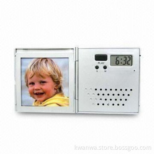 Photo frame clock with date display and voice message recording function